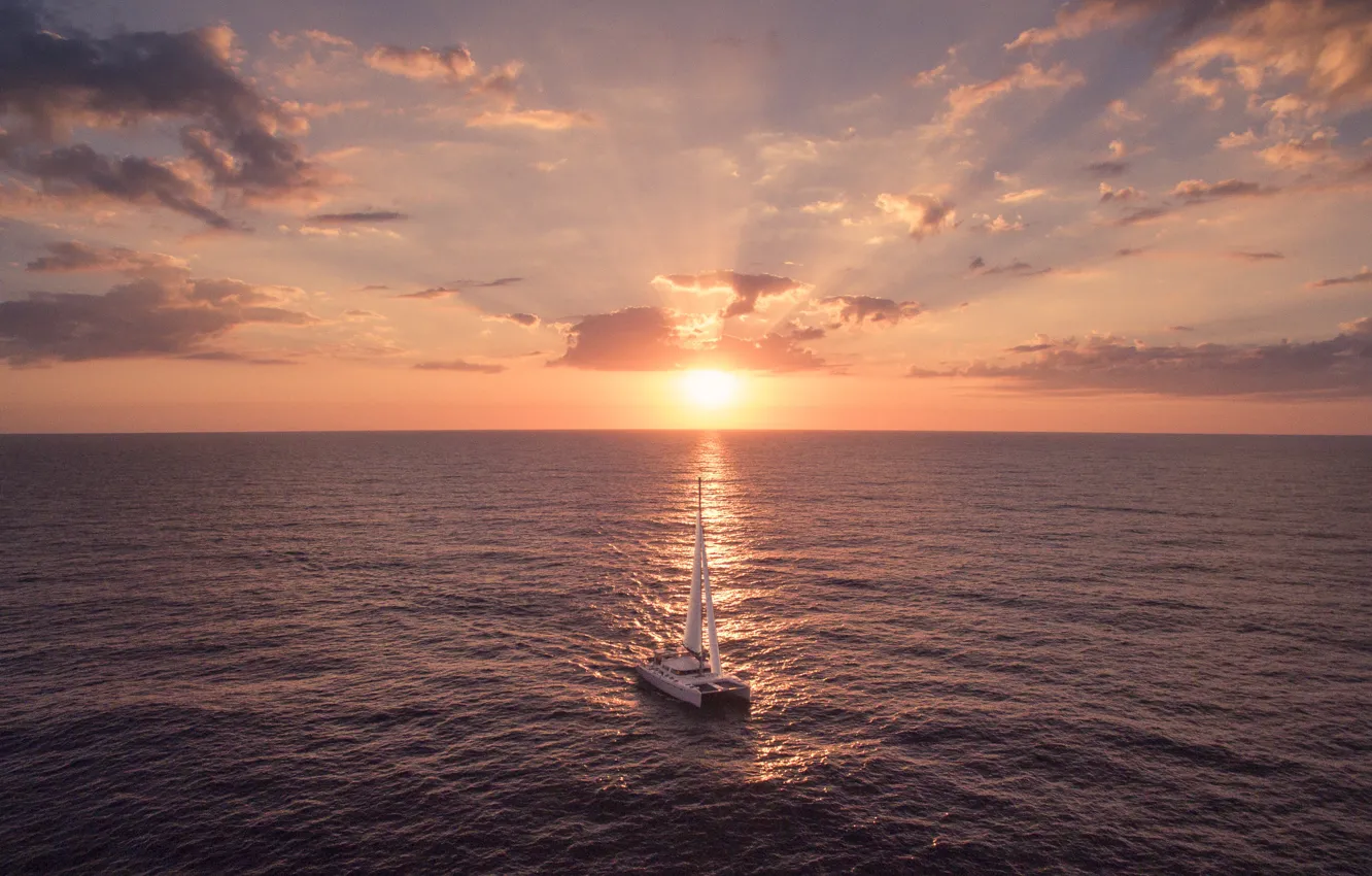 Фото обои море, закат, путь, вечер, яхта, паруса, Carribean, Catamaran Sailing