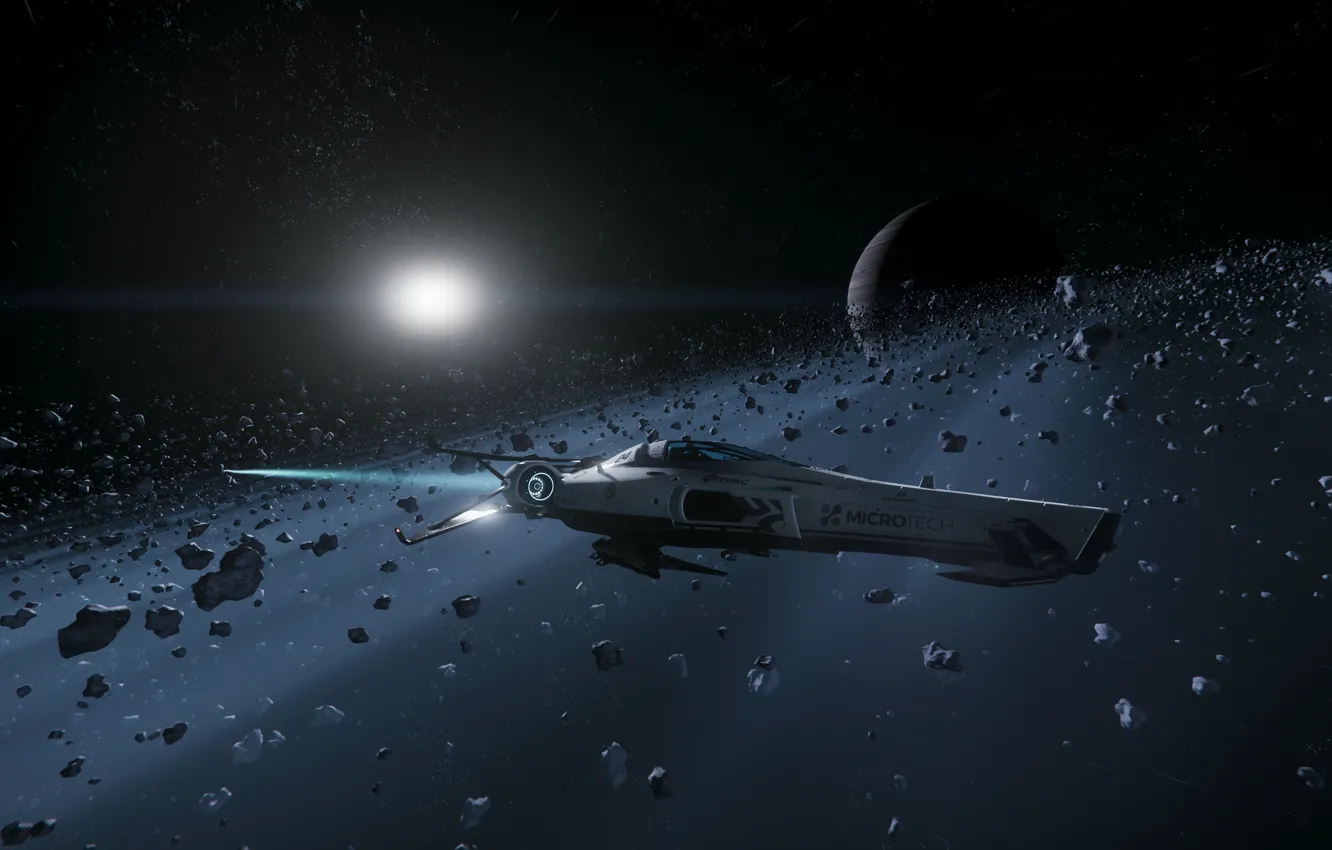 Фото обои солнце, космос, фантастика, корабль, планета, метеорит, star citizen