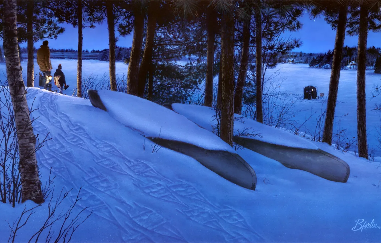 Фото обои зима, лес, звезды, снег, озеро, лодки, вечер, фонарь