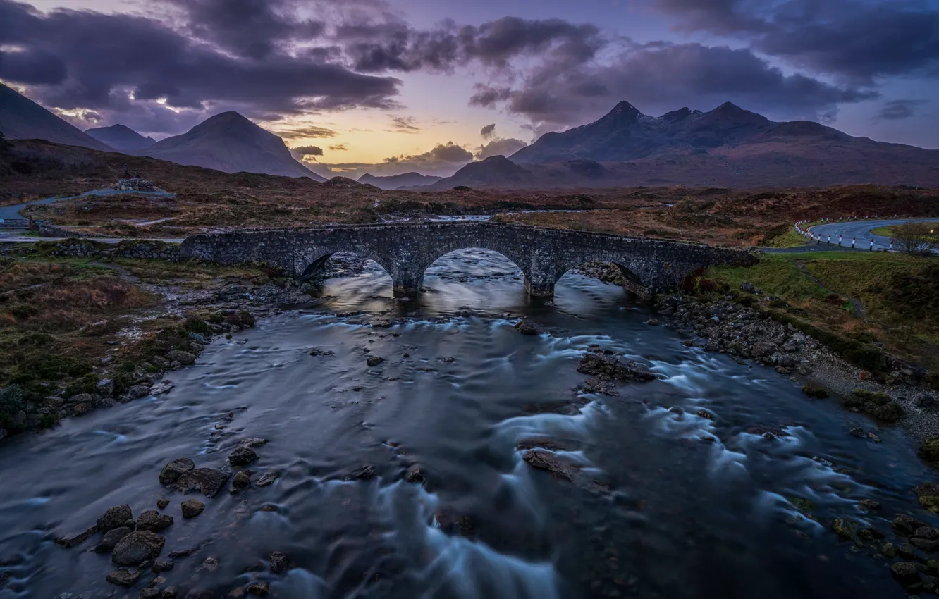 Фото обои горы, мост, река, Шотландия, Scotland, Isle of Skye, Остров Скай, Cuillin Mountains
