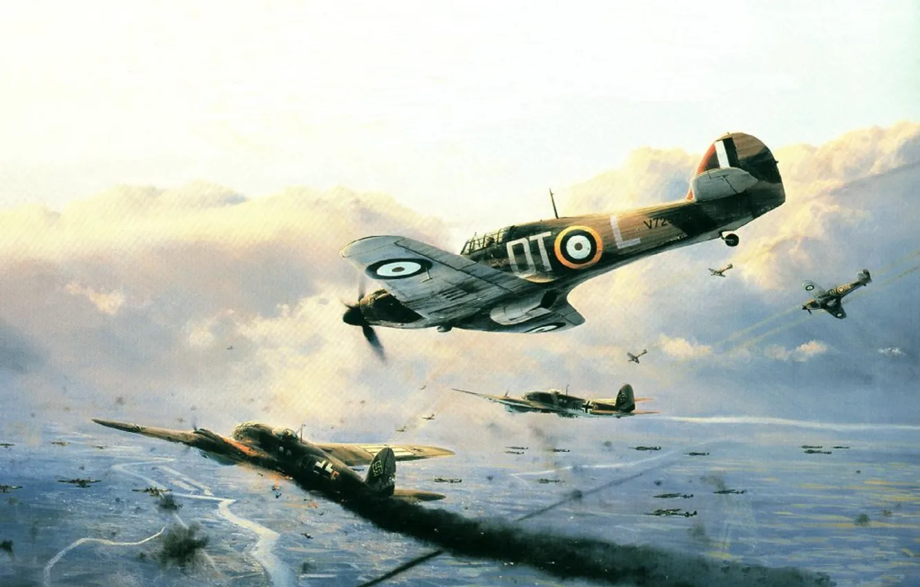 Фото обои Дым, Самолеты, Истребитель, Картина, Перехватчик, Британский истребитель, Битва за Британию, Атака
