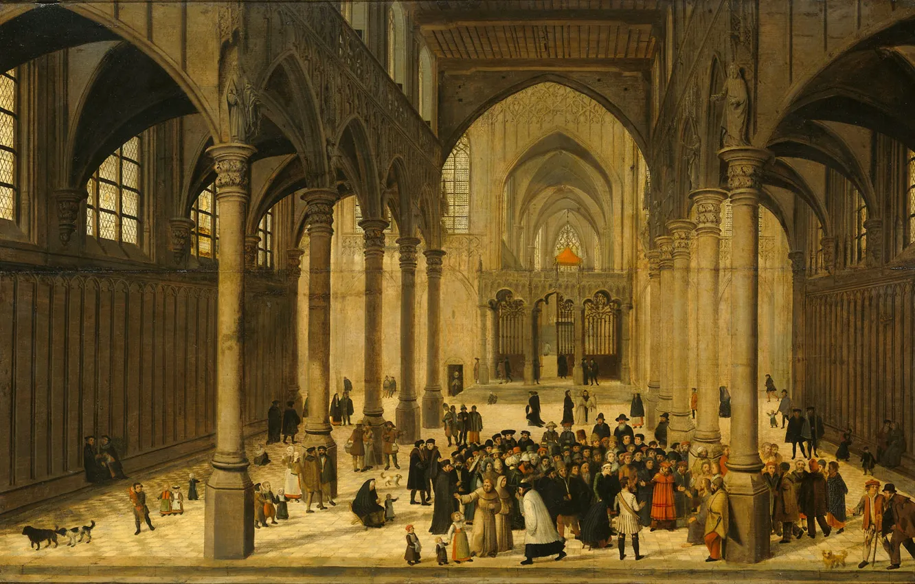 Фото обои картина, мифология, Интерьер Церкви с Проповедью Христа к Толпе, Корнелис ван Далем