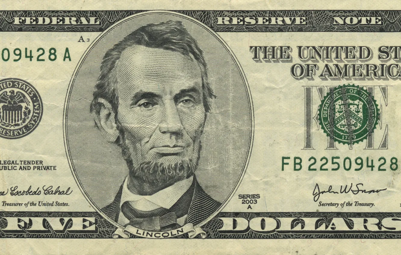 Фото обои Lincoln, note, five, dollar, united, reserve, dolar