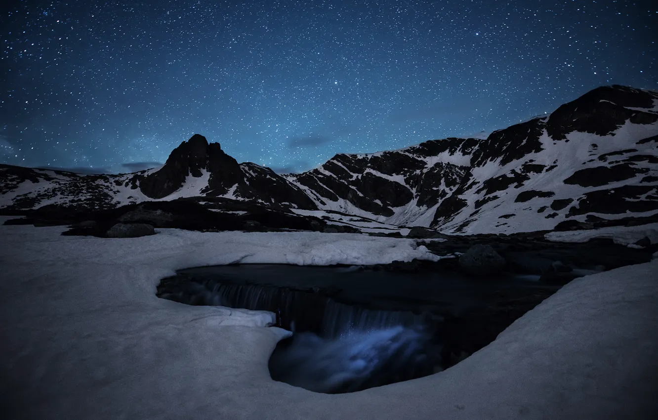 Фото обои лед, космос, звезды, горы, ручей, водопад, тайна, Млечный Путь