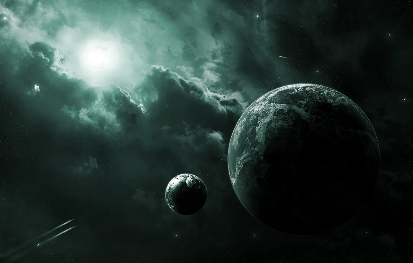 Фото обои солнце, туманность, луна, планеты, спутник, корабли
