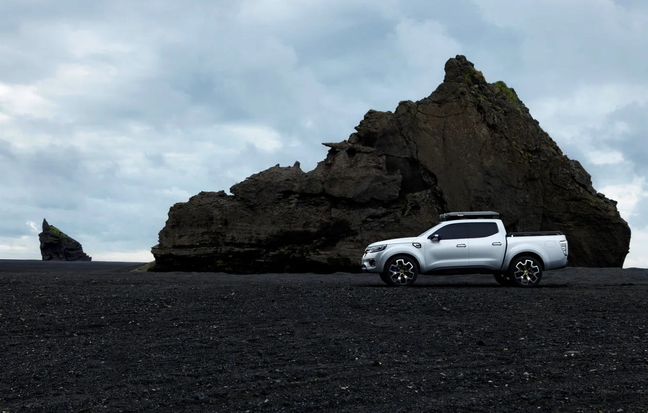 Фото обои скала, серебристый, Renault, профиль, пикап, 2015, Alaskan Concept