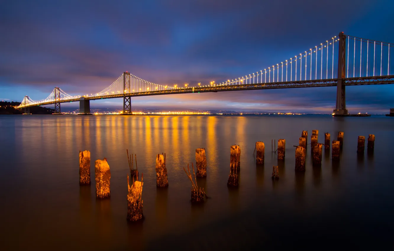 Фото обои закат, мост, огни, вечер, порт, Калифорния, залив, Сан-Франциско