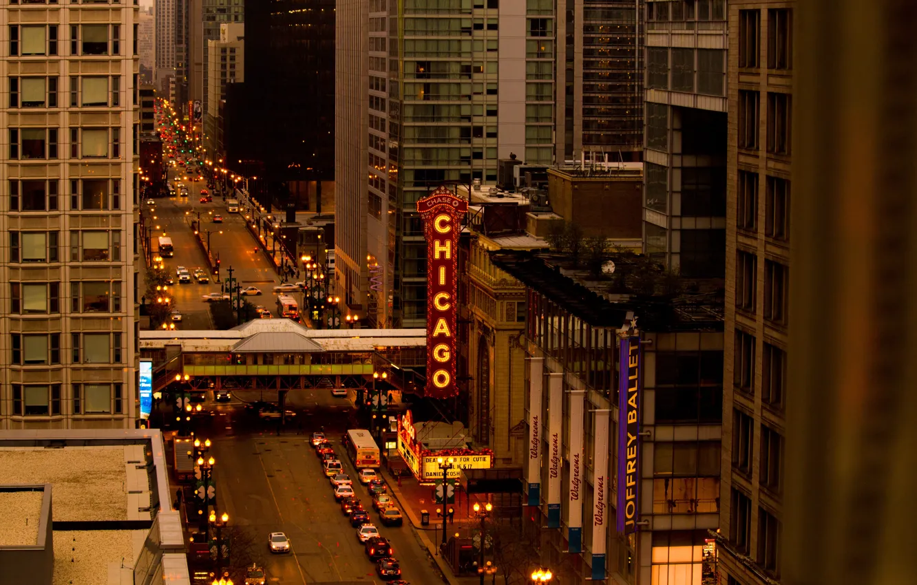 Фото обои город, огни, улица, здания, небоскребы, вечер, Чикаго, Chicago