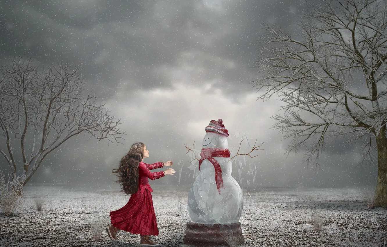 Фото обои зима, девочка, снеговик