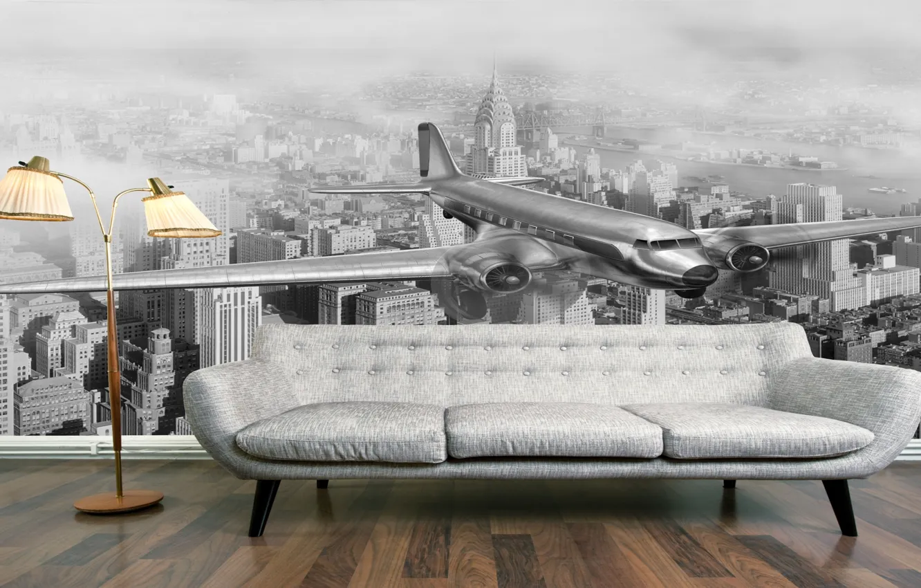 Фото обои город, самолет, диван, интерьер, торшер, фотообои