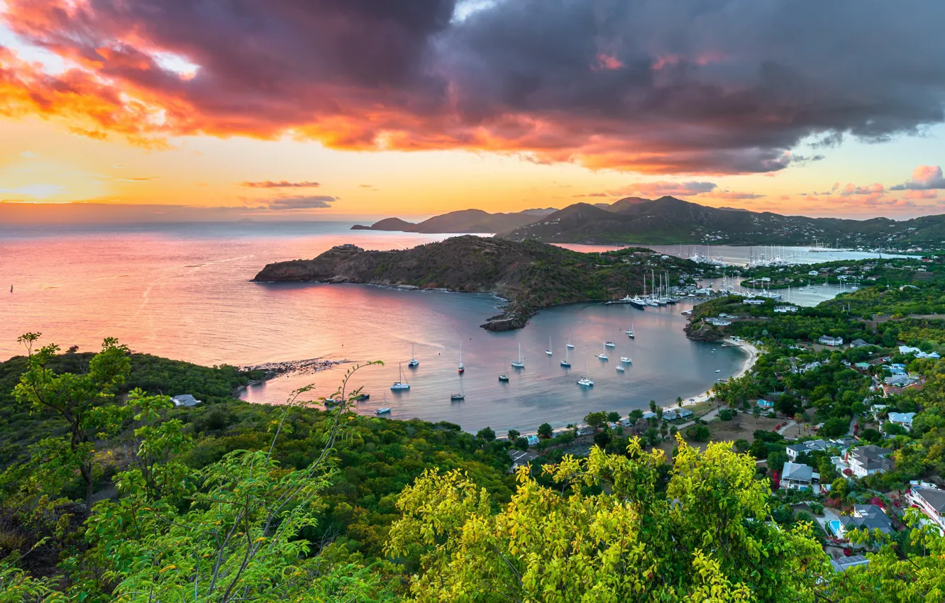 Фото обои coast, sunset, yachts, islands, sail, Caribbean Sea, Antigua, Антигуа и Барбуда
