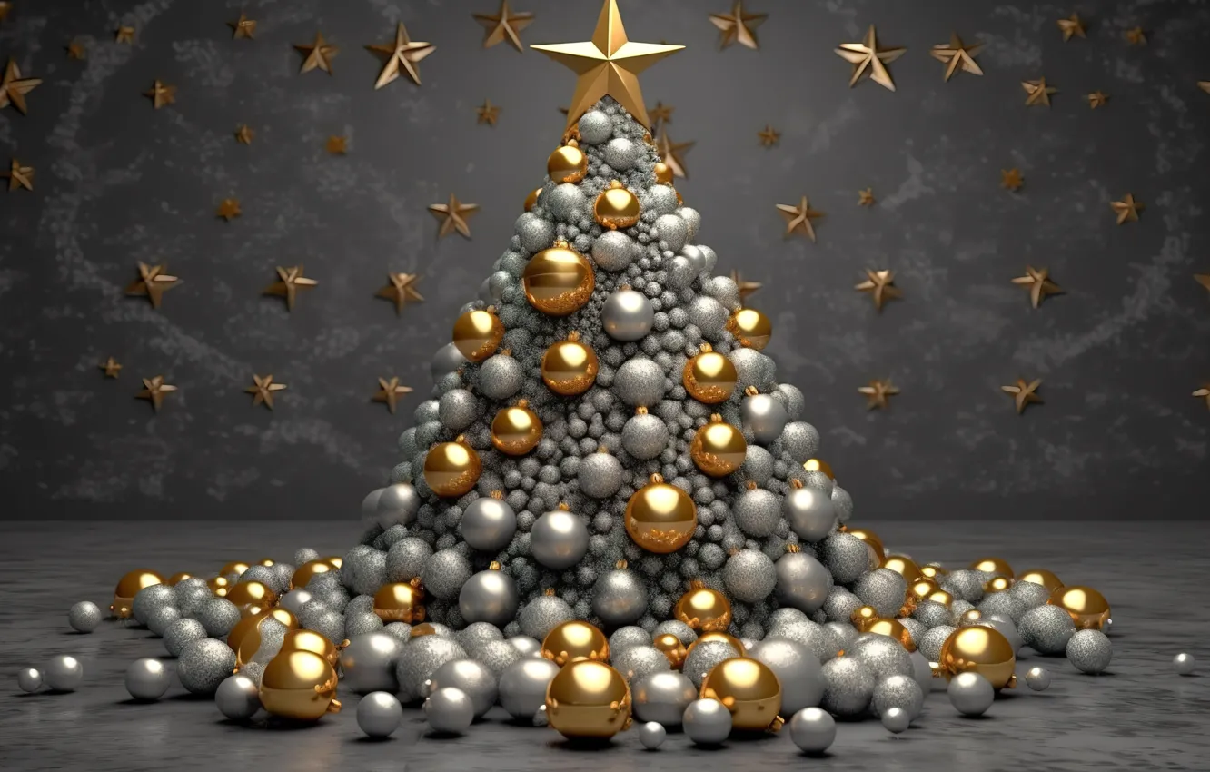 Фото обои шары, елка, Новый Год, Рождество, silver, golden, new year, happy