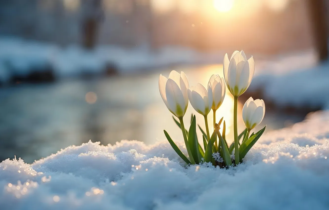 Фото обои зима, снег, цветы, весна, крокусы, flowers, winter, snow