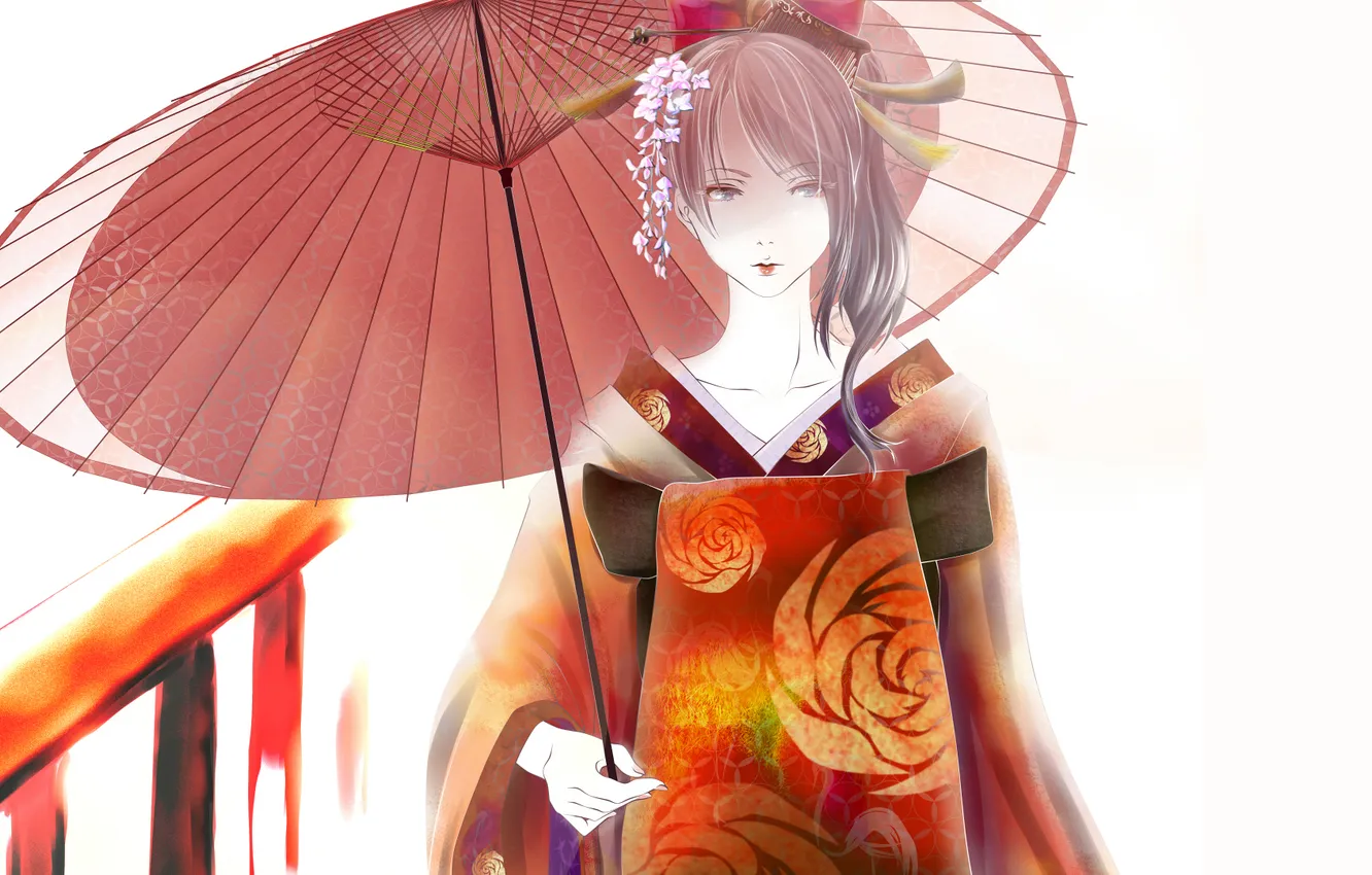 Фото обои девушка, цветы, зонт, кимоно, Гейша