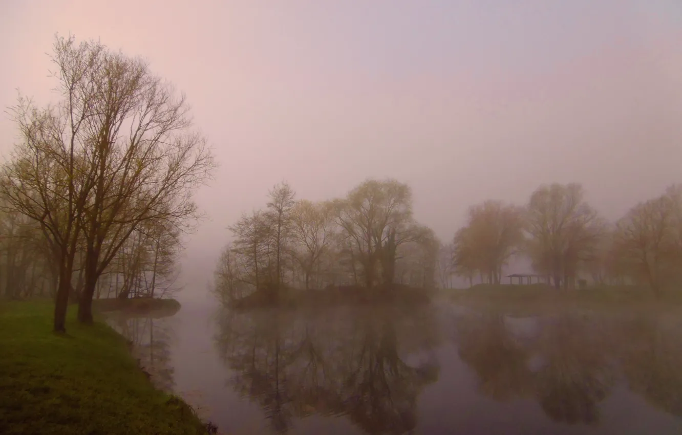 Фото обои туман, озеро, Осень, autumn, lake, fog, fall