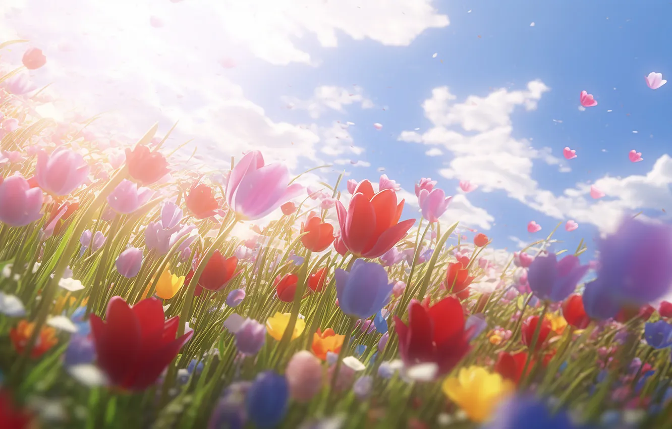 Фото обои поле, цветы, весна, colorful, тюльпаны, sunshine, цветение, blossom