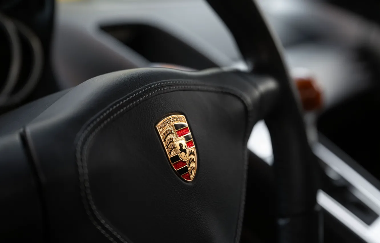 Фото обои Porsche, logo, close-up, Porsche Carrera GT, steering wheel