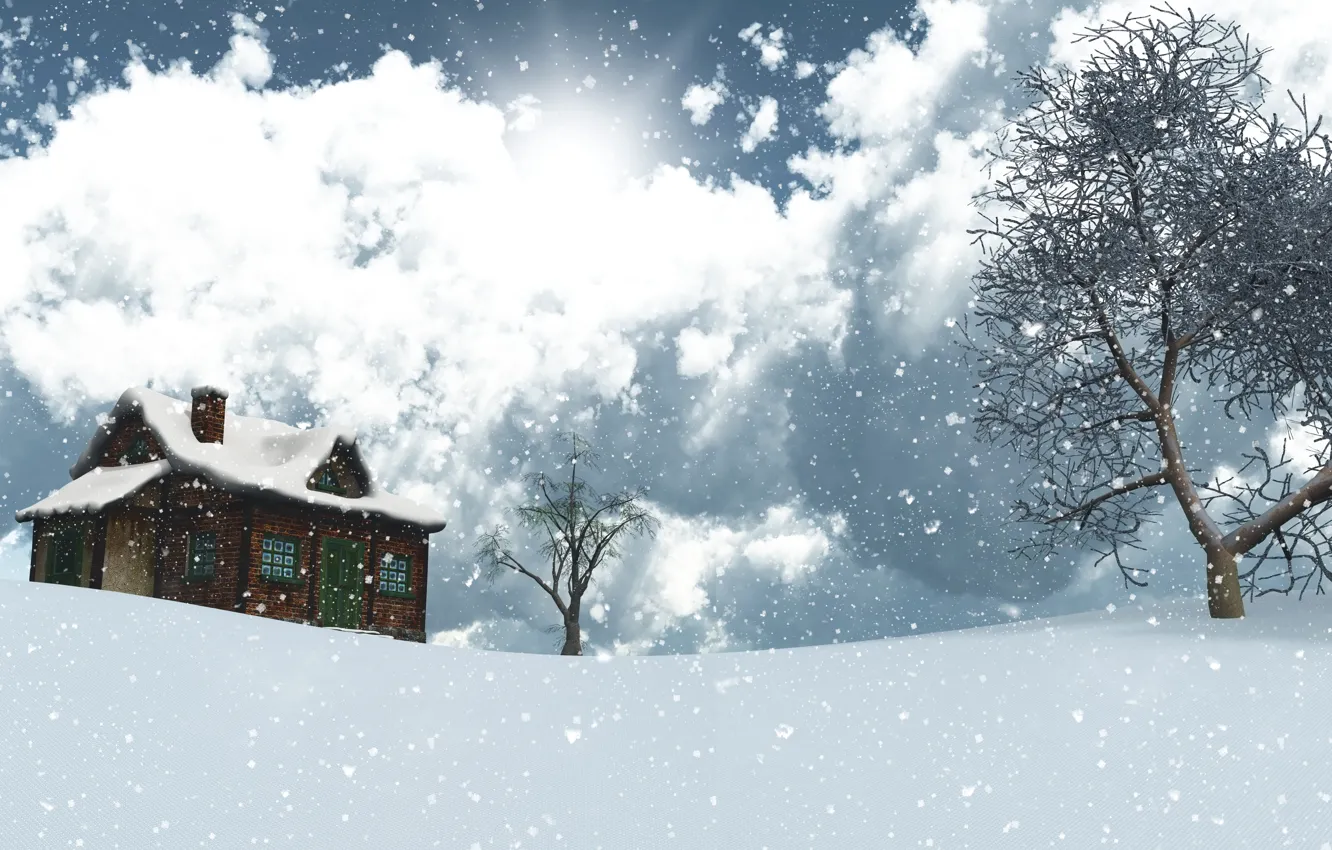 Фото обои зима, небо, солнце, облака, снег, деревья, пейзаж, снежинки