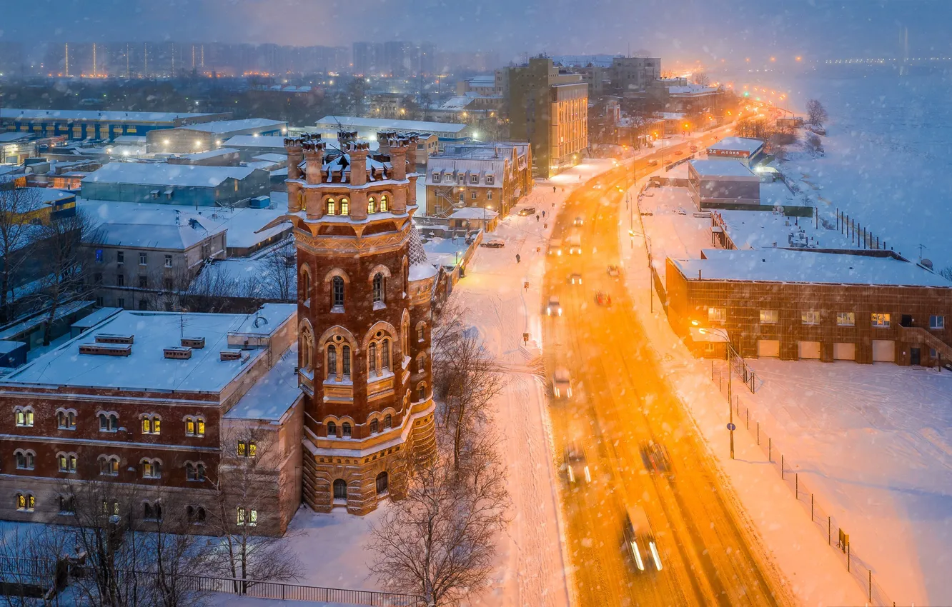 Фото обои зима, дорога, снег, город, здания, дома, вечер, Питер