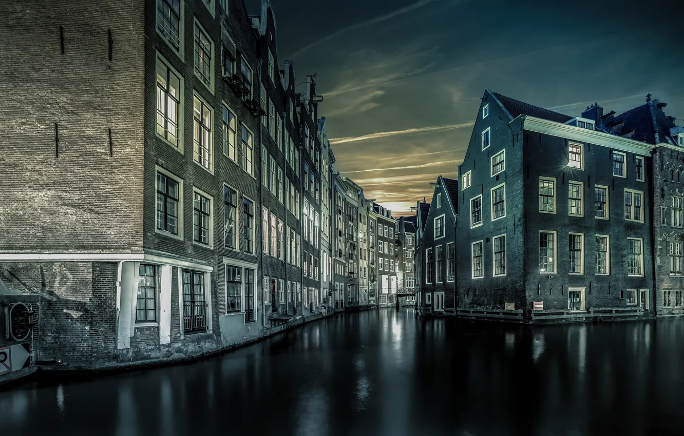 Фото обои ночь, дома, Амстердам, канал, Нидерланды