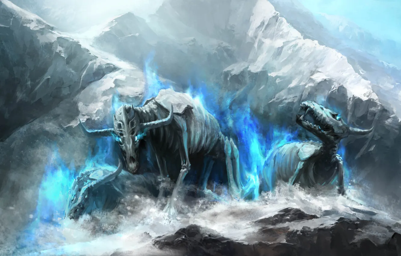Фото обои лед, снег, скалы, магия, арт, монстры, рога, скелеты