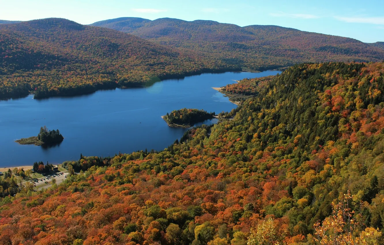 Фото обои осень, лес, озеро, холмы, Канада, панорама, Canada, Ontario