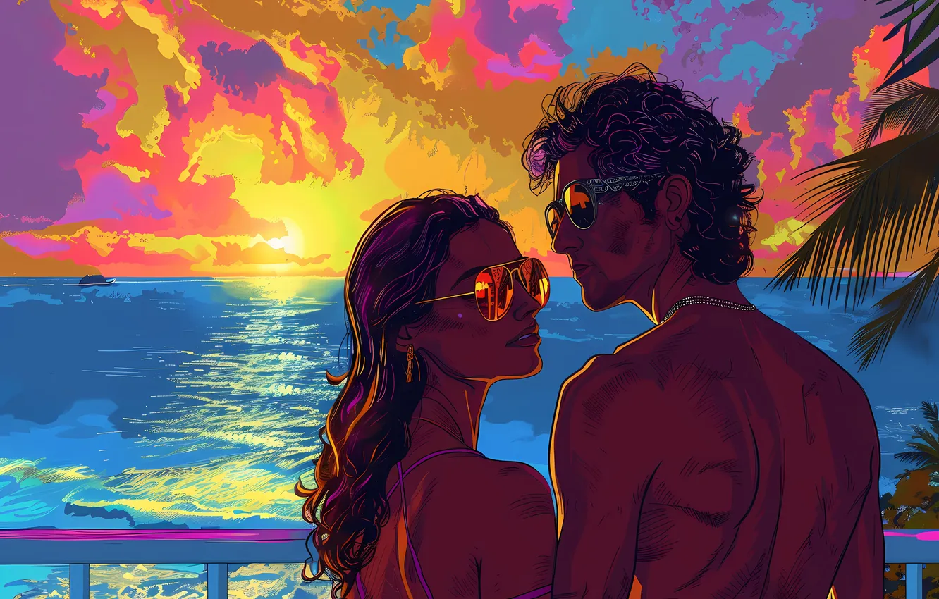 Фото обои море, девушка, солнце, облака, закат, стиль, ретро, пальмы