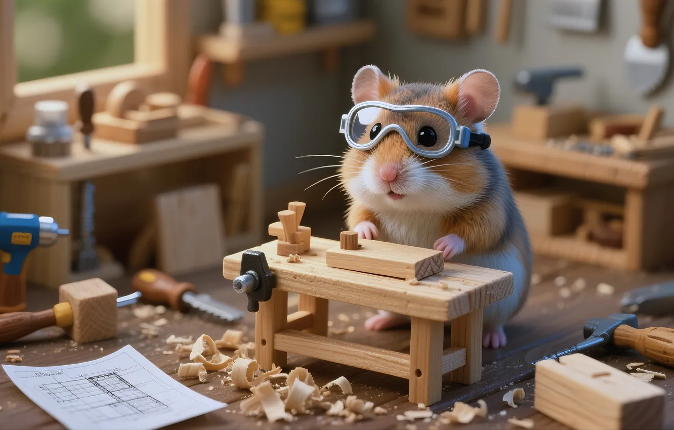 Фото обои Hamster, tools, Workshop, carpenter