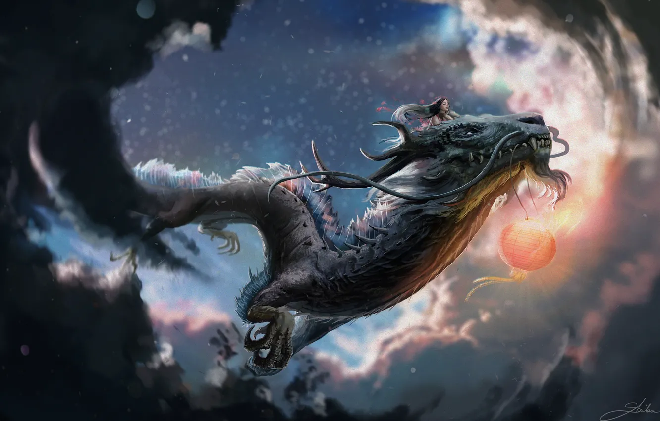 Фото обои полет, дракон, девочка, когти, рога, летающий, усы борода, пасмурное небо