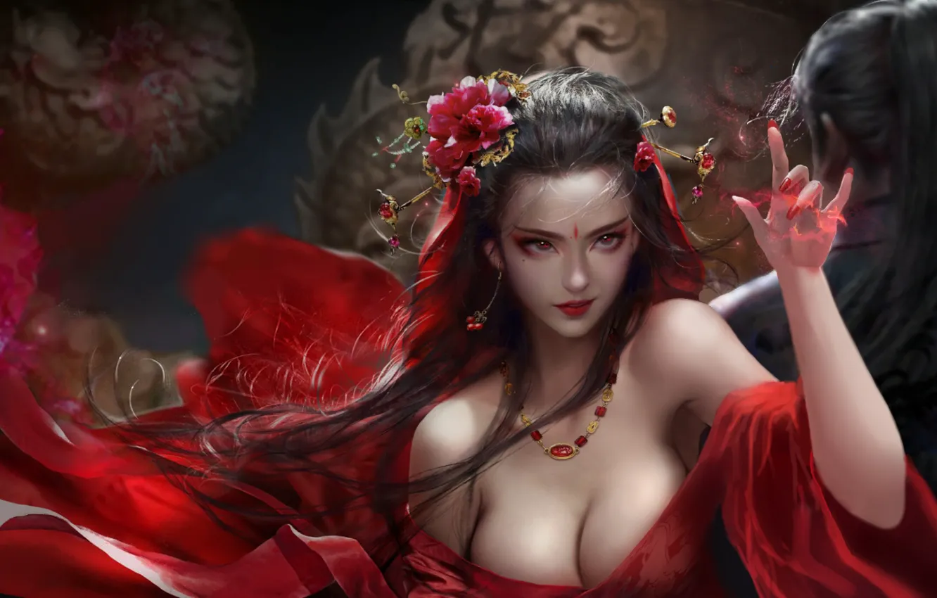 Фото обои girl, fantasy, magic, cleavage, red eyes, asian, digital art, artwork