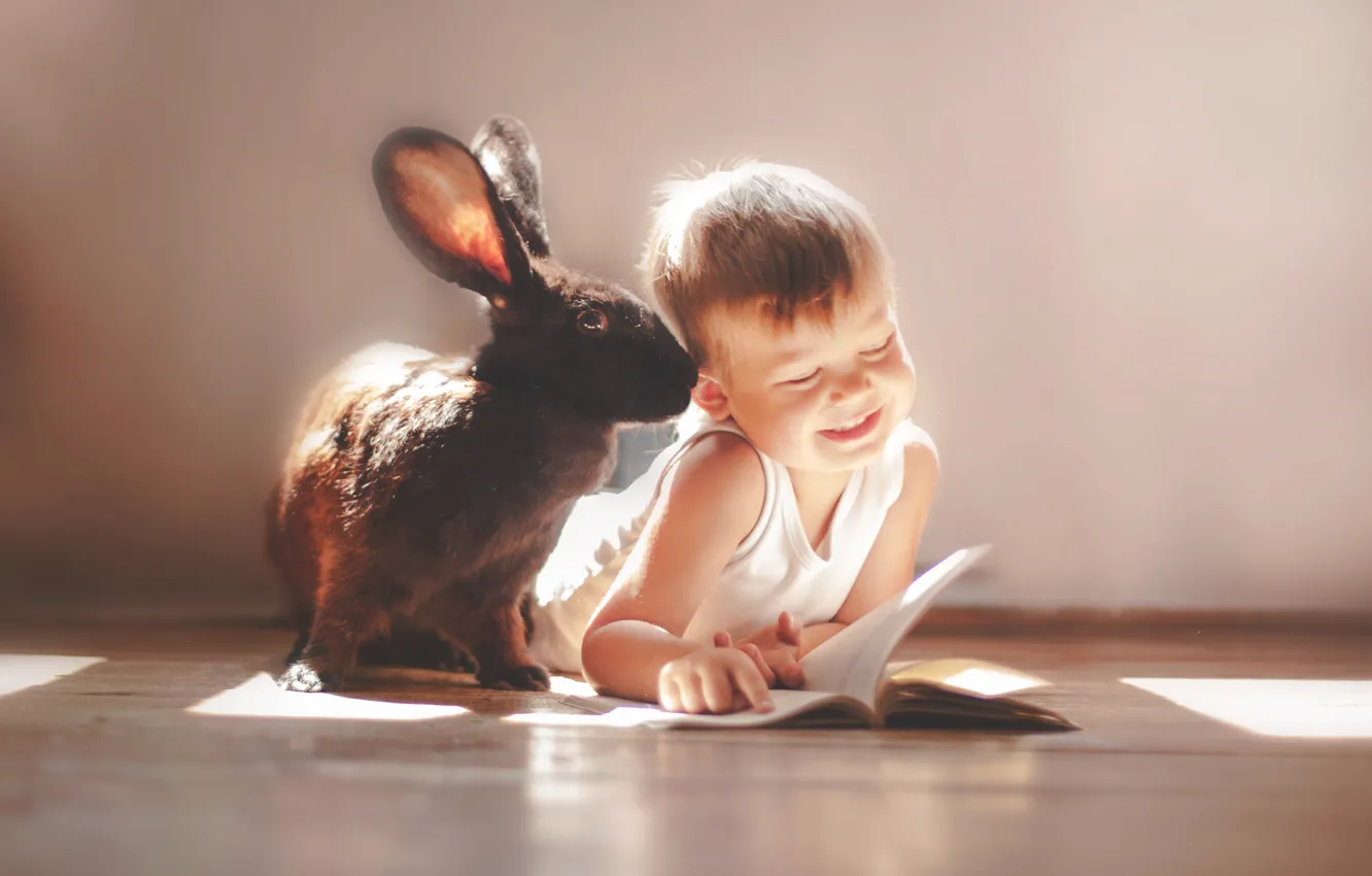 Фото обои улыбка, настроение, мальчик, кролик, друзья, книжка, на ушко