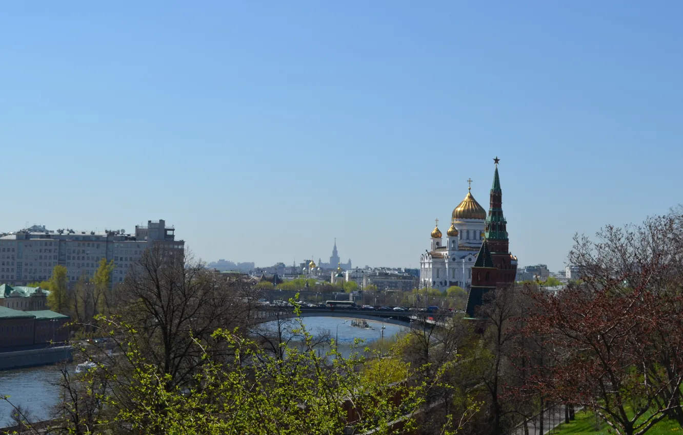 Фото обои река, панорама, Москва, собор, храм, Кремль, набережная, Moscow