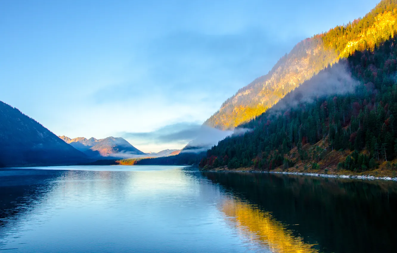 Фото обои туман, озеро, холмы, Байкал