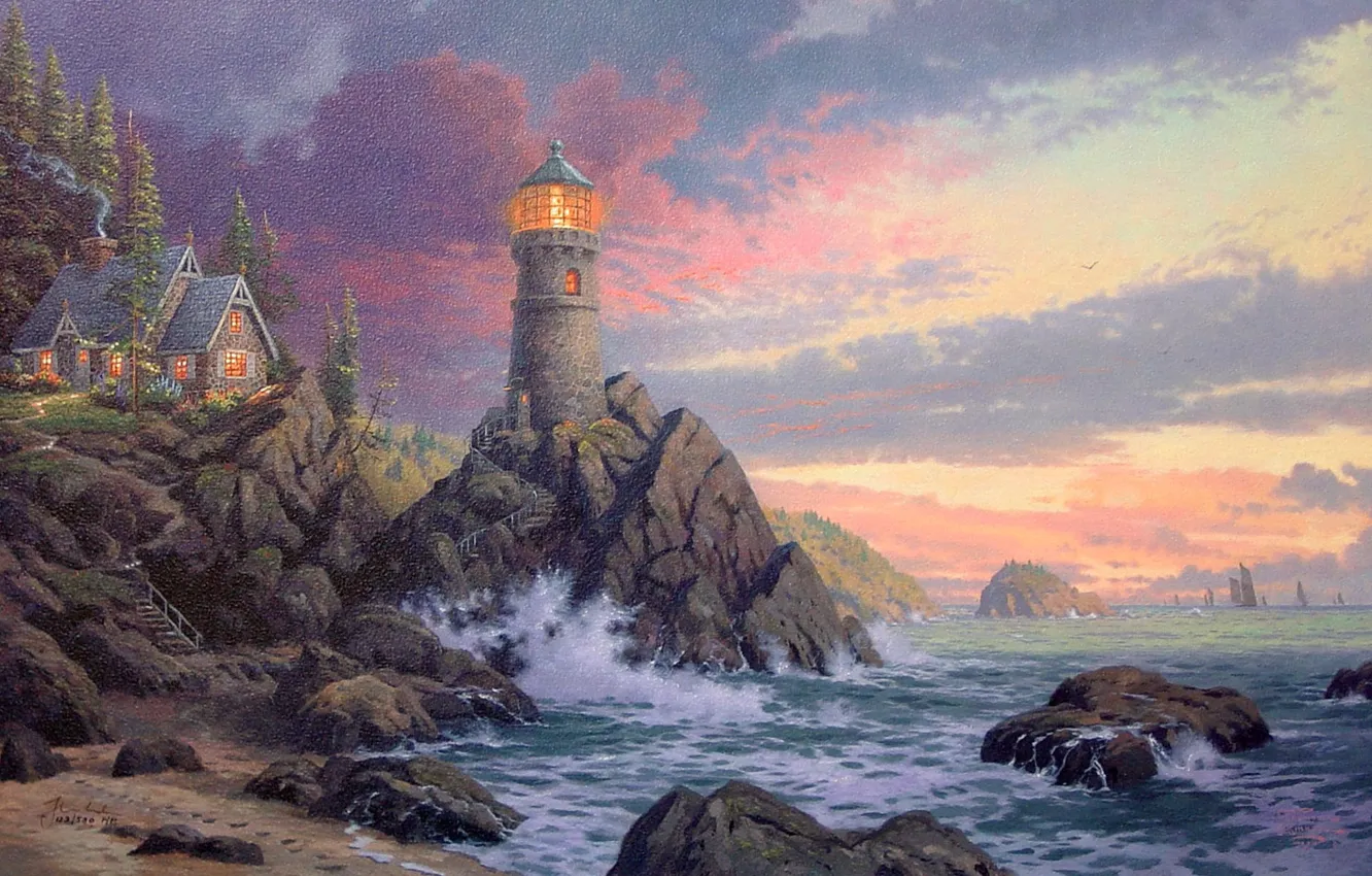Фото обои волны, скала, дом, океан, маяк, вечер, waves, rock