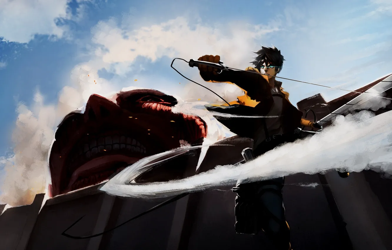 Фото обои небо, стена, арт, титан, вторжение гигантов, атака титанов, Shingeki no Kyojin, эрен джагер