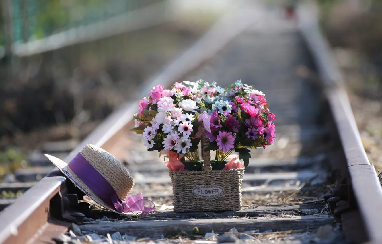 Фото обои цветы, шляпа, железная дорога