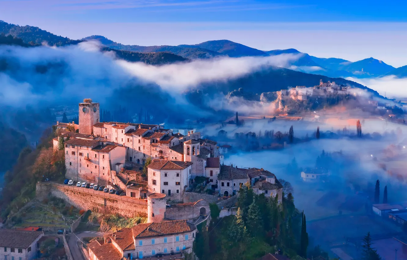 Фото обои landscape, nature, fog, italy, umbria, panoramic