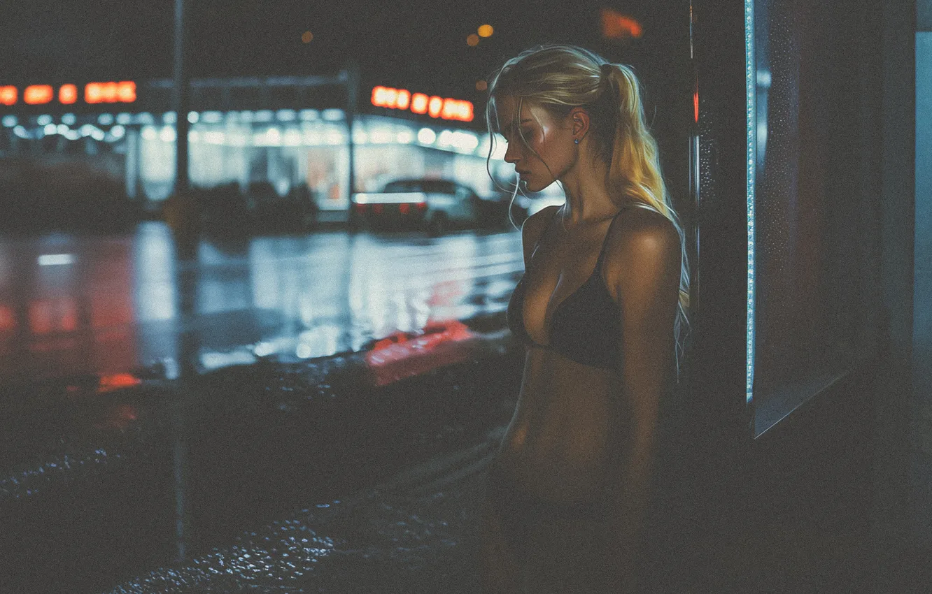 Фото обои women, blonde, reflection, belly, belly button, street art, bare shoulders, AI art