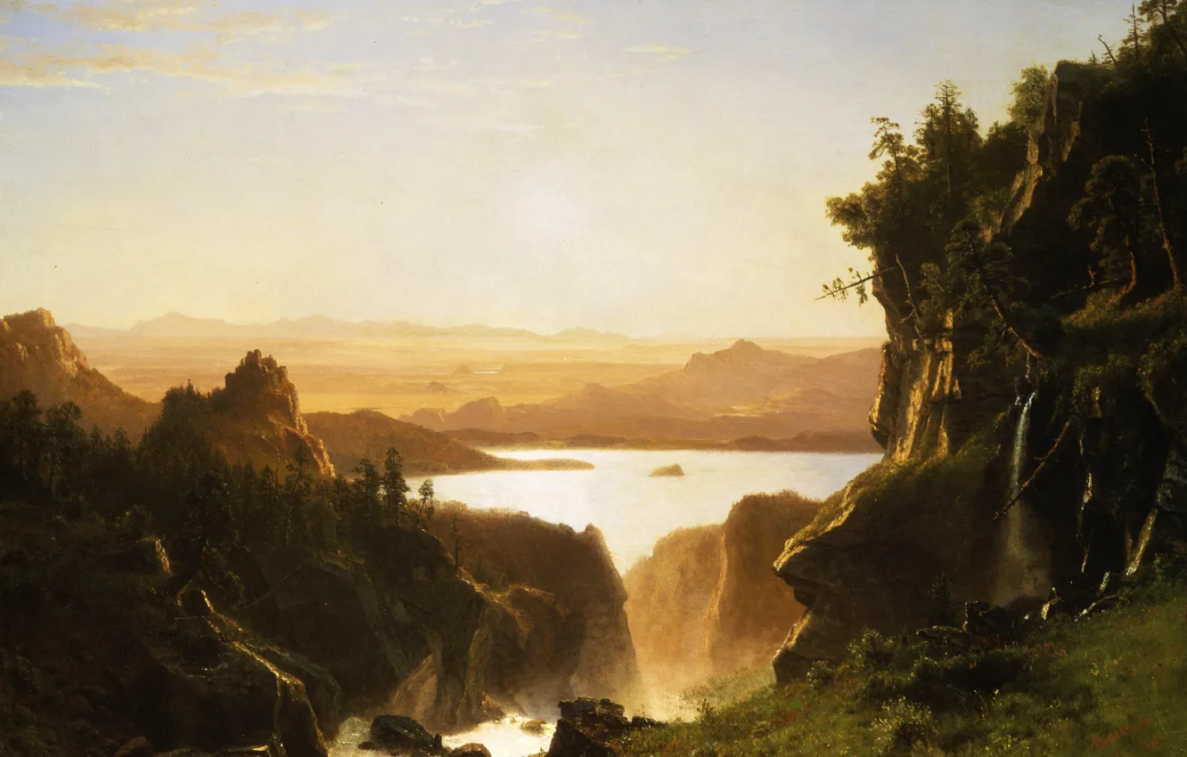 Фото обои пейзаж, природа, картина, Альберт Бирштадт, Island Lake. Wind River Range. Wyoming