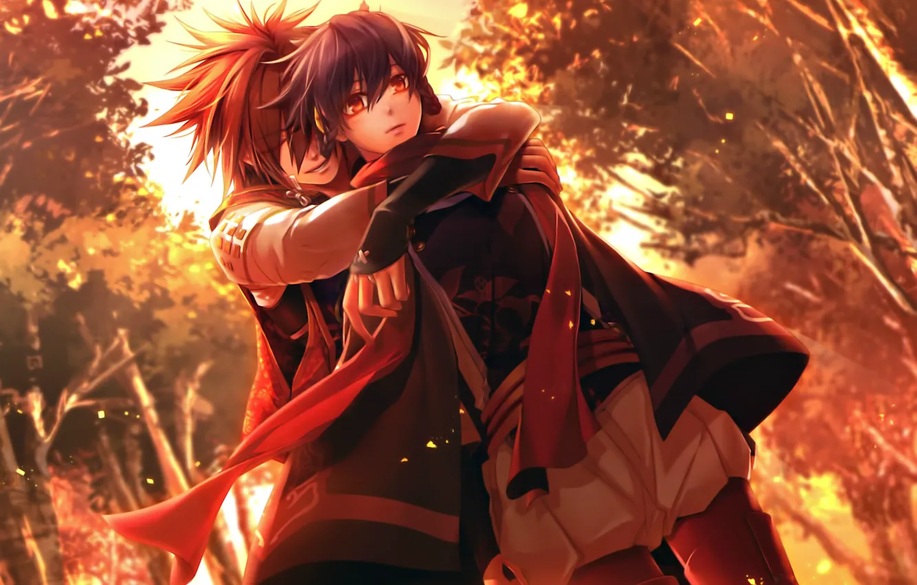 Фото обои деревья, шарф, костюм, двое, art, обьятия, visual novel, miko