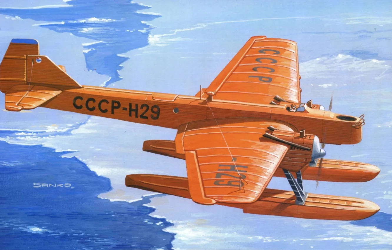 Фото обои вода, рисунок, арт, льды, самолёт, шасси, советский, двухмоторный