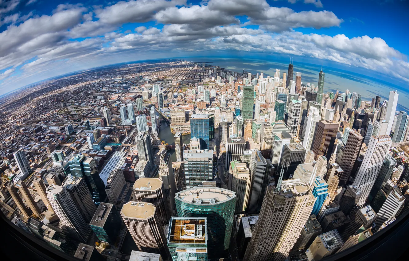 Фото обои город, океан, берег, высота, небоскребы, Чикаго, Иллиноис, панорамма