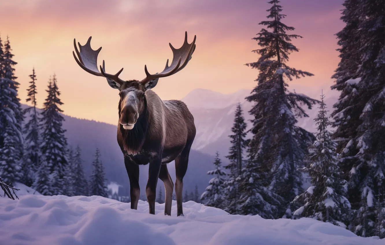 Фото обои зима, лес, снег, природа, вечер, лось, ИИ-арт, нейросеть
