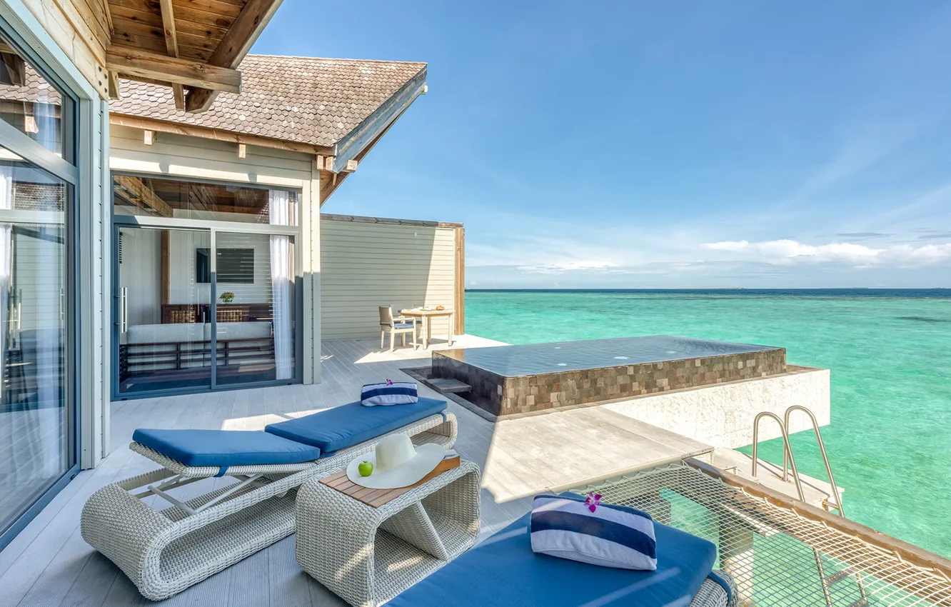 Фото обои океан, вилла, интерьер, бассейн, терраса, Maldives, Mövenpick Resort, Kuredhivaru