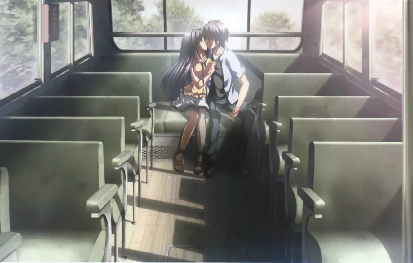 Фото обои поцелуй, автобус, сиденья, двое, art, школьники, visual novel, natsuzora perseus