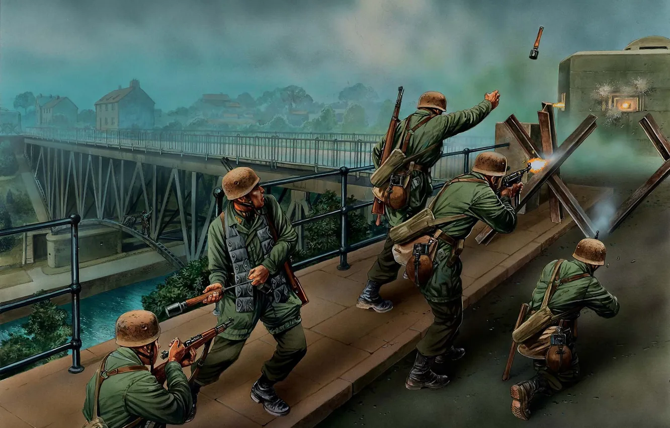 Фото обои мост, война, солдаты, Арт, мировая, утром, Вторая, рано