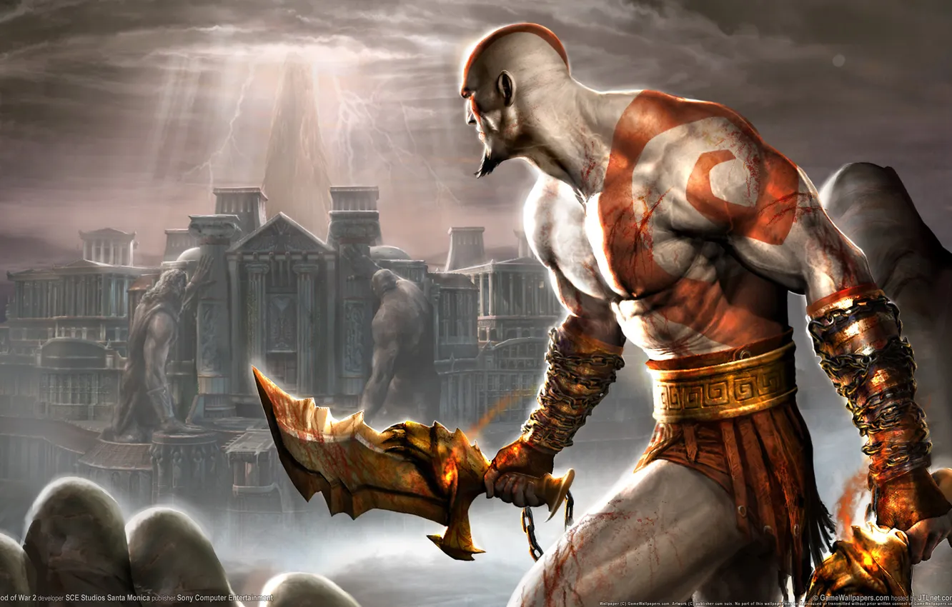 Фото обои кровь, здания, Греция, колонны, blood, мечи, God of war 2, Kratos
