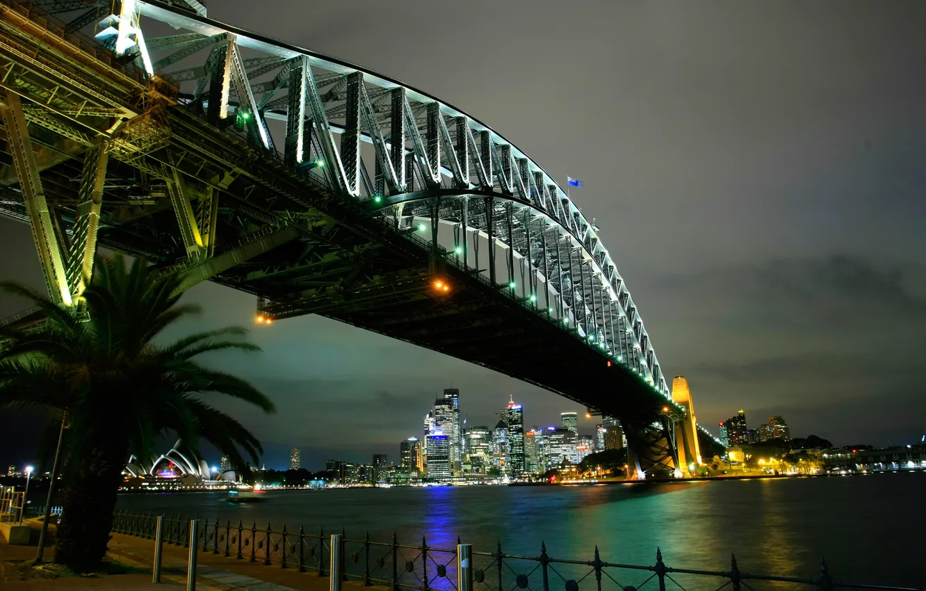 Фото обои ночь, мост, огни, дома, Австралия, театр, Сидней