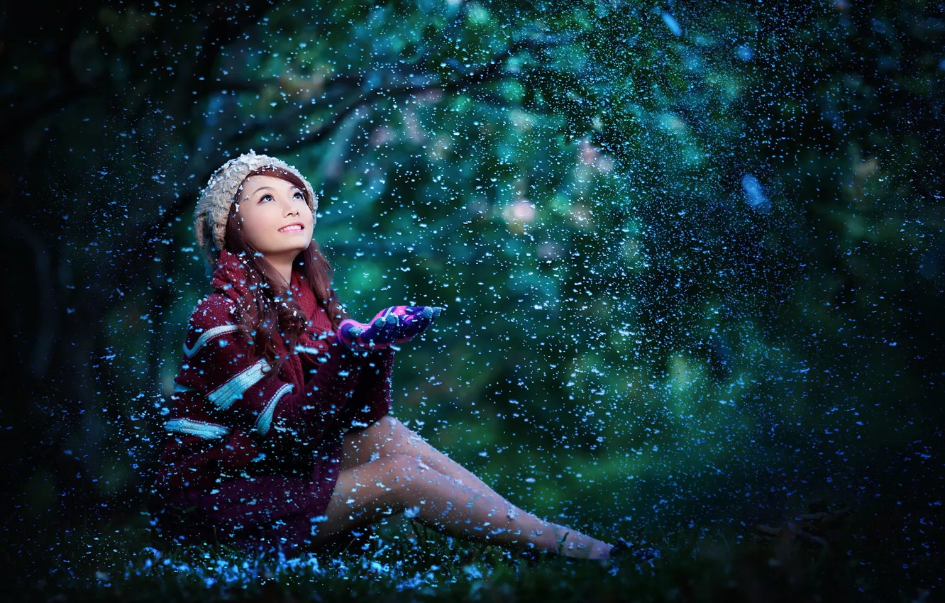 Фото обои девушка, снег, азиатка