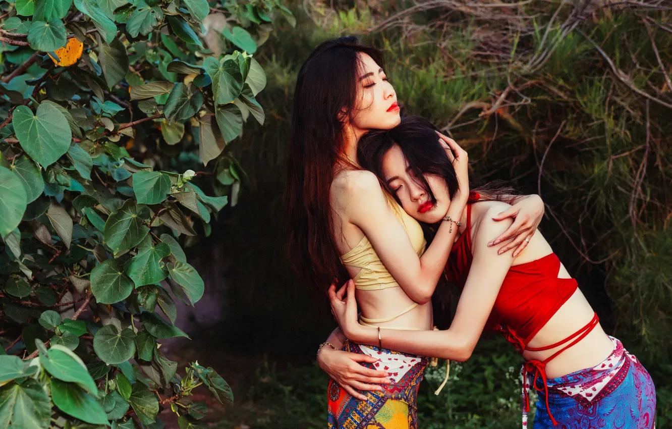 Фото обои фон, девушки, пара, азиатки, обнимаются